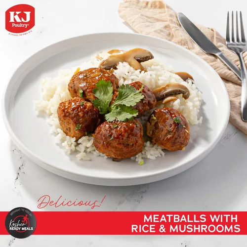 Vista 3 de KJ Poultry Comidas preparadas kosher – Bolas de carne de pollo y champiñones, comidas de carne MRE listas para comer, Halal, (1 unidad) preparado