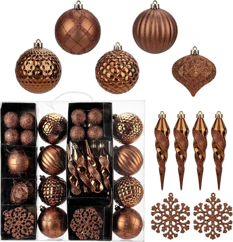 Juego de 50 piezas de adornos para árbol de Navidad con bolas de Navidad irrompibles, adornos de carámbano con copo de nieve colgante para Bronce