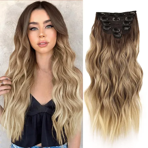 Vista 37 de NAYOO Extensiones de cabello con clip, de 20 pulgadas, largo, ondulado, rizado, rubio ceniza, extensiones de cabello sintético de cabeza completa