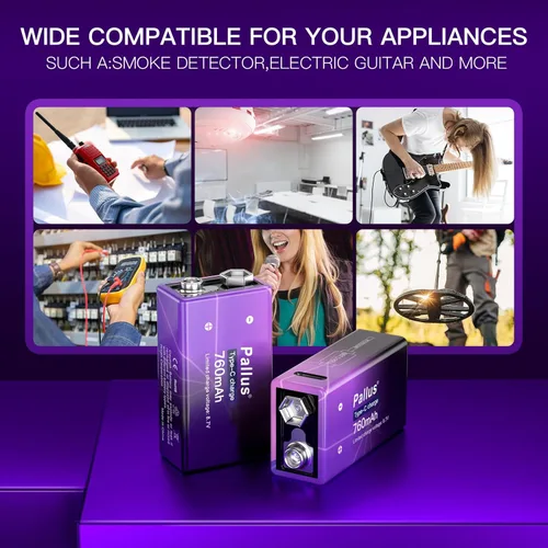 Vista 5 de Pallus Baterías recargables de 9 voltios de iones de litio de 9 V y 760 mAh, baterías de iones de litio de 2 unidades USB de 9 V con cable de carga