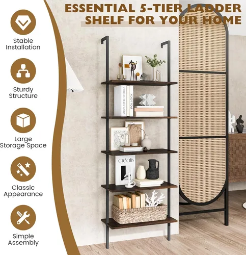 Vista 8 de Tangkula Estantería de 5 niveles, moderna estantería de escalera para montar en la pared, estantería abierta de madera de 5 niveles con marco