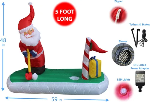 Vista 2 de Inflable de Papá Noel de 5 pies para jugar al golf y Navidad, decoración de patio para exteriores e interiores con luces LED integradas