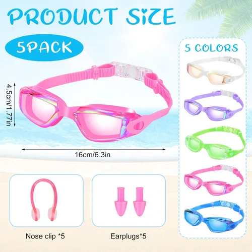Vista 2 de Macarrie 5 pares de gafas de natación antivaho con tapones para los oídos, clip de nariz sin fugas, gafas de protección completa