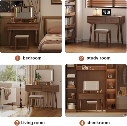 Vista 4 de KungFuWood Escritorio de tocador de madera maciza con espejo y 3 modos de iluminación, tocador de maquillaje de altura ajustable con 3 cajones, mesa