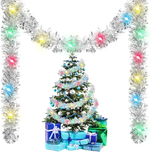 Vista 15 de Kingdder Guirnalda de Oropel de Navidad de 16.4 pies Iluminada Metálica Trenzada Decoración de Árbol Preencendida Operada con Batería 50 LED