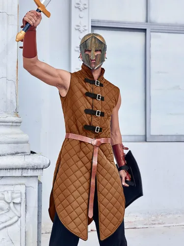 Vista 3 de Runcati Chaleco acolchado Gambeson sin mangas Aketon Armor Medieval Knight Surcoat Halloween LARP vestido de disfraz
