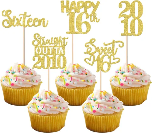 Vista 116 de 30 piezas de decoraciones para pastel de cumpleaños número 10, decoraciones de cupcakes negras con brillo, 10 feliz cumple, directo desde 2016, 10