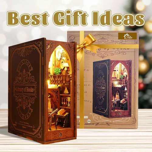 Vista 9 de Flever Kit miniatura de rincón de libro para casa de muñecas, decoración de estantería de libro de bricolaje, rompecabezas de madera 3D, kit