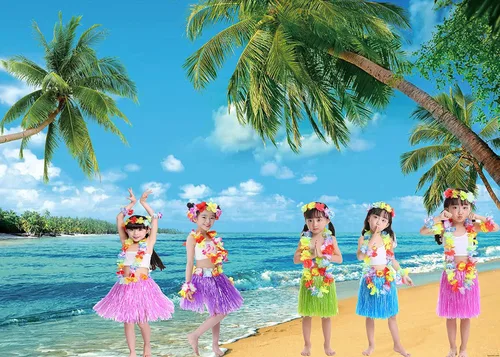 Vista 7 de Juego de 5 piezas de falda hawaiana de hula para niñas con disfraz de flor para fiesta Luau, kit de accesorios de baile