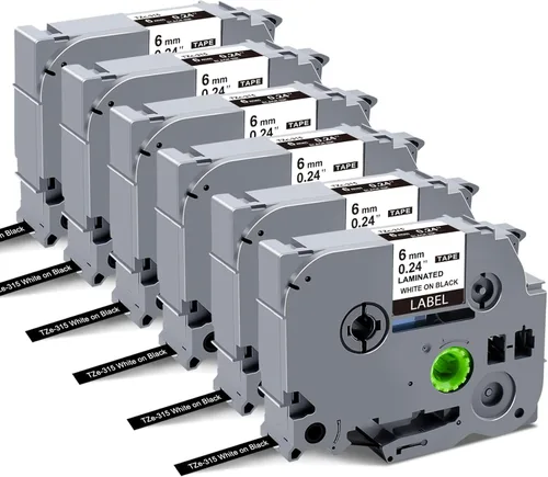 6mm 0.23 Cinta laminada negra de repuesto para cinta de etiqueta Brother TZe-315 Compatible con Brother P Touch PT-H110 PT-D202 PT-D210, negro sobre