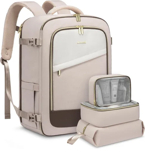 Vista 14 de LOVEVOOK - Mochila de viaje para mujer, mochila de 40 l para llevar en avión, Beige-Marrón