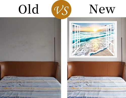 Vista 6 de FLFK Adhesivo falso para pared para ventana, mural de pared de ventana de playa de atardecer para decoración de pared, calcomanías de pared