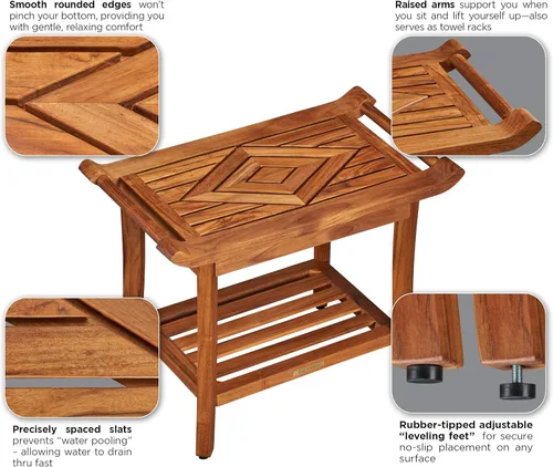 Vista 9 de Silla de asiento de banco de ducha de teca de lujo con pies niveladores, impermeable, acabado de aceite de teca, grande, 25 x 19 x 14 pulgadas
