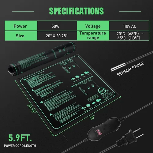 Vista 2 de ROCEEI Paquete de 2 alfombrillas térmicas de plántulas con controlador de termostato digital de 20 x 20.75 pulgadas, impermeable, para germinación