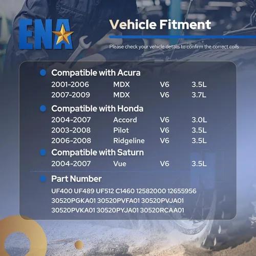 Vista 2 de ENA Juego de 6 bobinas de encendido 3.5L 3.7L V6 2001 2002 2003 2004 2005 2006 2007 2008 2009 compatible con Honda Acura Saturn Pilot Ridgeline