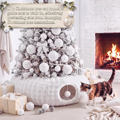 Vista 2 de Túnel de árbol de Navidad para gatos de 36 pulgadas, cama de dona, blanco