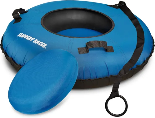 Vista 2 de Slippery Racer Tubo de nieve inflable de grado comercial resistente con cubierta y cuerda, parte inferior de PVC, 44 pulgadas, azul