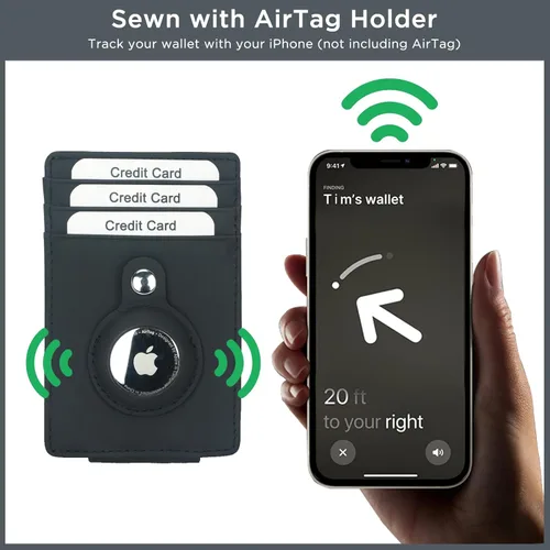 Vista 4 de Cartera de cuero de grano completo para hombres, clip magnético para dinero con soporte AirTag, bolsillo frontal con bloqueo RFID, Negro -, Cartera