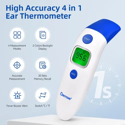 Vista 2 de Berrcom Termómetro digital sin contacto de 3 en 1 para frente y oído, con luz de fondo, sensor de temperatura corporal y de objetos para interiores