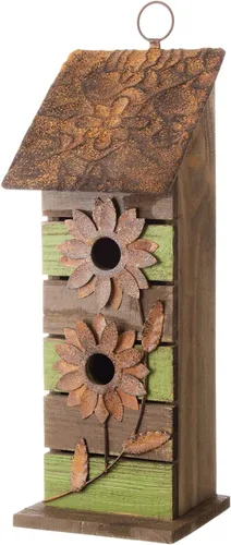 Vista 17 de Glitzhome - Casas de pájaros para exterior, casa de pájaros de madera rústica de 10" de alto, casa de pájaros decorativa envejecida para jardín