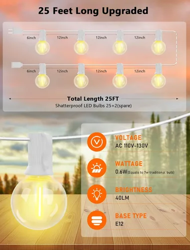 Vista 11 de 25ft Outdoor Christmas LED String Lights,G40 Frosted White Globe Lights with 27pcs Plastic Bulbs,Round Bulb Christmas Lights for Indoor/Outdoor