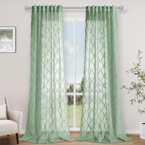 Vista 26 de Cortinas transparentes verde agua de 84 pulgadas de largo, 2 paneles con pompones y textura, cortinas de gasa con patrón bordado geométrico