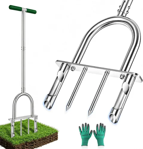 Herramienta aireadora manual de núcleo de césped con 2 púas huecas y 2 picos, aireador de enchufe ajustable semiensamblado, aireador de césped de 2