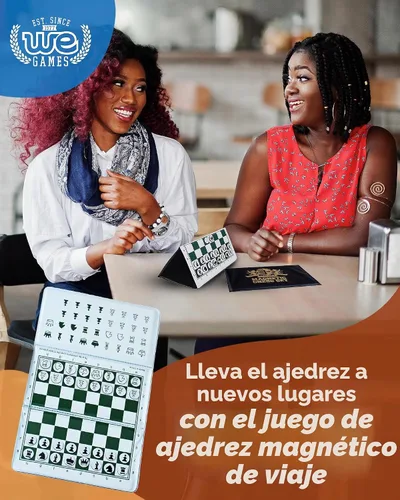 Vista 2 de WE Games Juego de ajedrez magnético de viaje mini – Tablero plegable de 6 pulgadas con piezas duraderas de vinilo y reinas extra – Juego de ajedrez