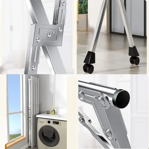 Vista 6 de Estante de secado de ropa de 94 pulgadas, estante retráctil de acero inoxidable con ganchos, estante de secado de ropa plegable que ahorra espacio