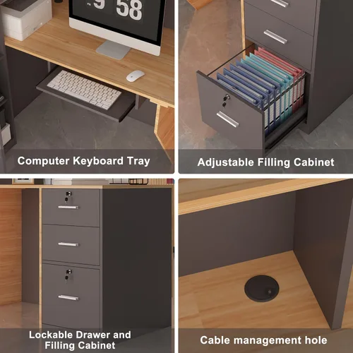 Vista 5 de Escritorio de recepción en forma de L con cajones con cerradura, archivador ajustable y bandeja para teclado, mostrador frontal moderno