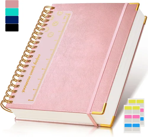 Cuaderno de espiral de 8.5 x 11 pulgadas, 300 páginas de tapa dura con forro de cuero para mujeres y hombres, cuadernos A4 grandes a rayas Rosado