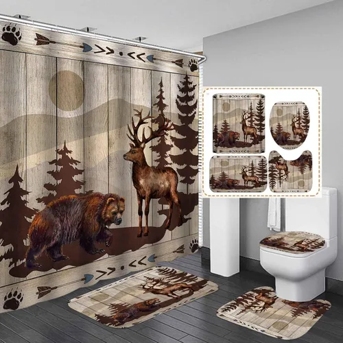 Vista 185 de Camille&Andrew - Juego de 4 cortinas de ducha de tela de ciervo rústico negro, alce, alce, pino, luna, casa de campo, panel rústico, tablero
