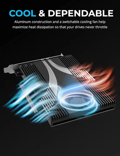 Vista 4 de SABRENT Tarjeta adaptadora NVMe SSD a PCIe 4.0 X 16 de 4 unidades con refrigeración activa [EC-P4BF]