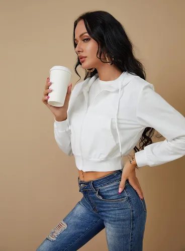 Vista 4 de Sudaderas con capucha y cremallera para mujer, chaqueta recortada, con cordón, sudadera casual de manga larga