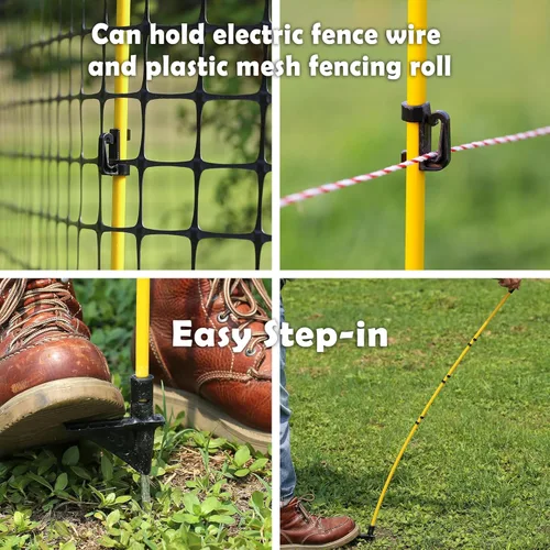 Vista 4 de Postes de valla eléctrica de 46 pulgadas con clips ajustables, 20 postes de fibra de vidrio con picos de metal, poste de valla para patio, jardín
