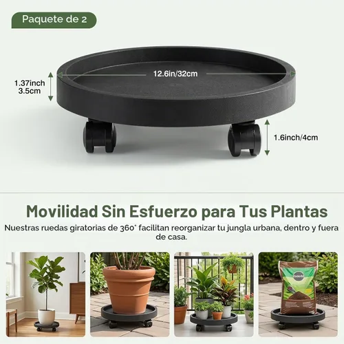 Vista 5 de Paquete de 2 organizadores para plantas con ruedas, soportes Negro