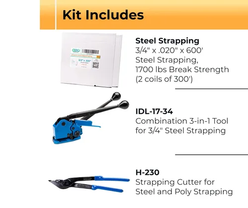 Vista 3 de IDL Packaging PRO - Kit de flejado de acero de 3/4 pulgadas x 600 pies, resistencia a la rotura de 1700 libras, con innovadora herramienta