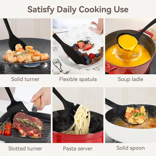 Vista 7 de NCUE Juego de utensilios de cocina, juego de 6 utensilios de cocina de silicona antiadherentes, mango de madera, resistente al calor, espátula