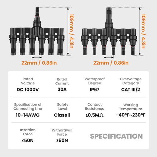 Vista 55 de Conector de panel solar 2 a 1 Divisor de panel solar de rama en Y de 2 vías, 1000 V, FMM+MFF, rama Y, conectores paralelos para conexión paralela