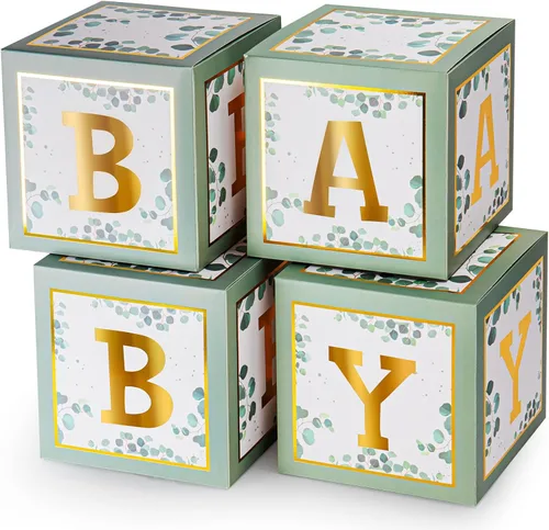 Cajas de bebé verde salvia con letras doradas para baby shower, 4 piezas de decoraciones de safari para baby shower para niños y niñas, bloques de