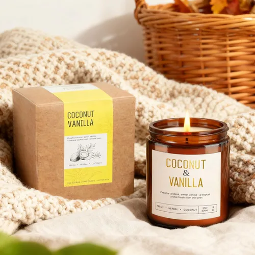 Vista 6 de Velas de vainilla de coco – Velas de soja natural de 9 onzas para el hogar, cera de soja de larga duración, juego de velas de aromaterapia