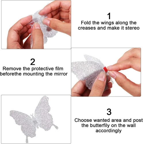 Vista 3 de 48 piezas de decoración de pared de mariposa, espejo de bricolaje, calcomanías de mariposa 3D, calcomanías de mariposa extraíbles para el hogar