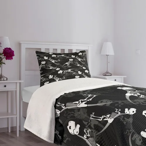 Vista 7 de Lunarable Colcha de dinosaurio, diseño de esqueleto de dinosaurio de color blanco, huesos de tiranosaurio y estampado de calavera, juego de colcha
