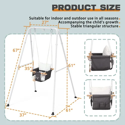 Vista 6 de Columpio para bebé con soporte, juego de columpios para bebé, juego de columpios para interiores y exteriores con asiento acolchado de lona (gris)