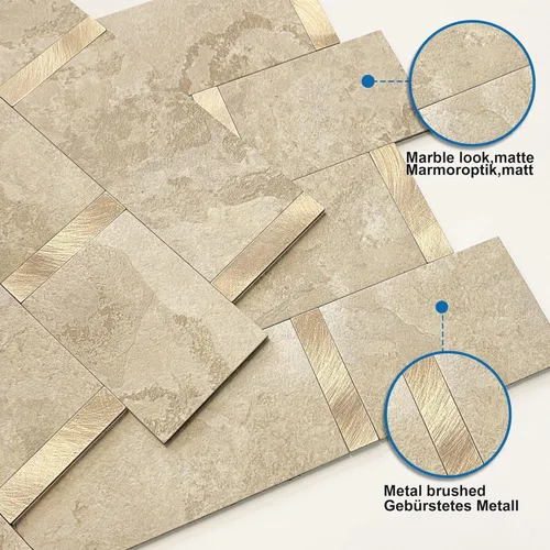 Vista 2 de Azulejos de metro de cocina mate para despegar y pegar, azulejos autoadhesivos para pared de baño, impermeables, paneles de mosaico de metal y Beige