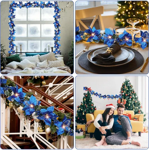 Vista 6 de Zubebe 2 Piezas Guirnalda de Flor de Pascua Preiluminada de Navidad con Luces de Cadena Hojas de Acebo con Purpurina Bayas Control Remoto