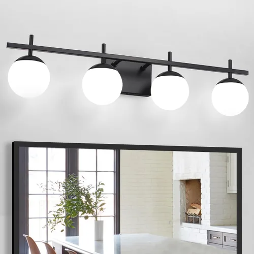 Vista 11 de Accesorios de iluminación de baño sobre espejo, luces de tocador negras para baño con vidrio esmerilado blanco, accesorios de iluminación de tocador