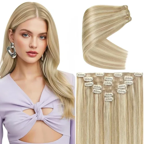 Vista 13 de Ve Sunny Extensiones de cabello humano real con clip balayage, color marrón castaño degradado a rubio, 12 pulgadas, 5 unidades, 2.82 onzas