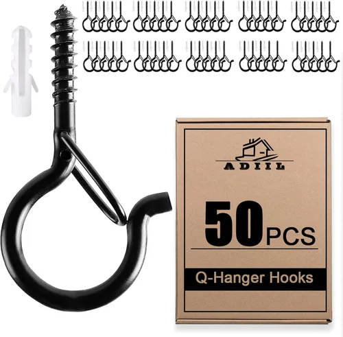 Vista 12 de ADIIL 12 ganchos Q con hebilla de seguridad, ganchos de tornillo resistentes al viento para colgar luces de cadena al aire libre, plantas, luces