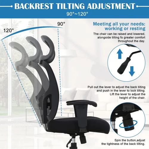 Vista 6 de Silla de oficina ergonómica, silla de escritorio de computadora de altura ajustable de 400 libras con soporte lumbar de esponja ajustable, silla